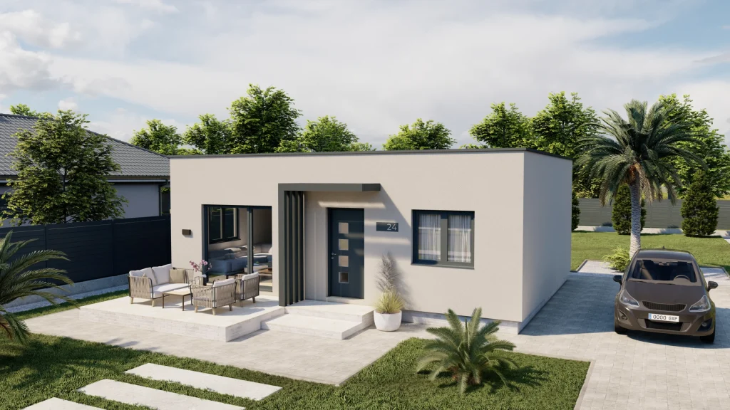 Modernes Fertighaus LEA-D001 mit zeitgenössischer Architektur und großen Fensterflächen von BAUTENT