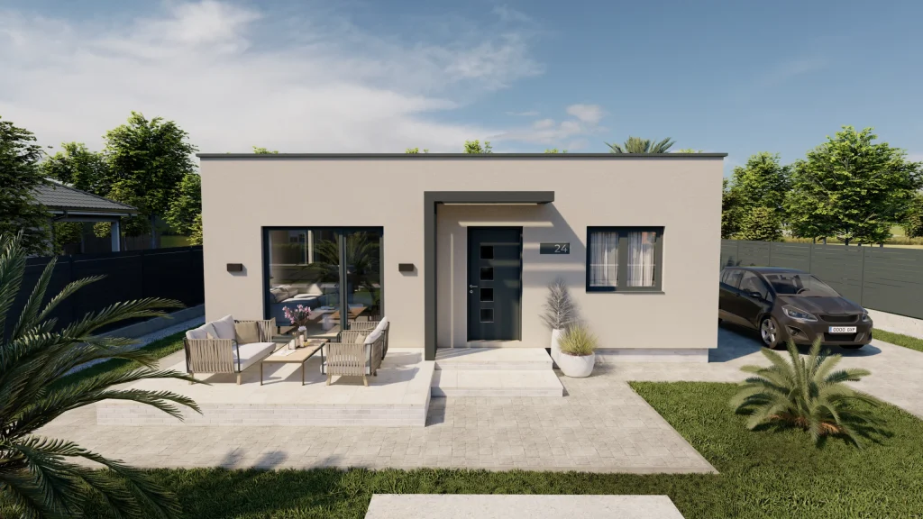 Modernes Fertighaus LEA-D002 mit zeitgemäßer Architektur und großen Fensterflächen von BAUTENT