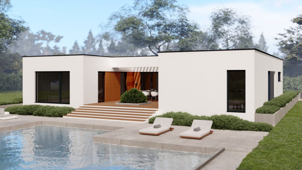 Modernes Fertighaus Lark-A001 mit zeitgemäßer Architektur und großzügigen Fensterfronten von BAUTENT