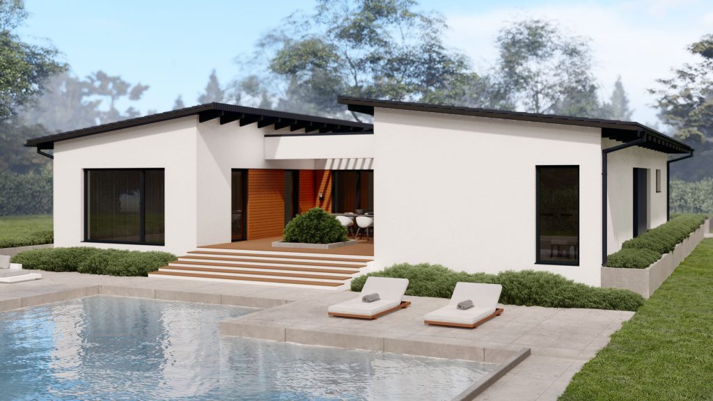 Modernes Fertighaus Lark-B001 mit großzügiger Glasfront und zeitgenössischer Architektur von BAUTENT