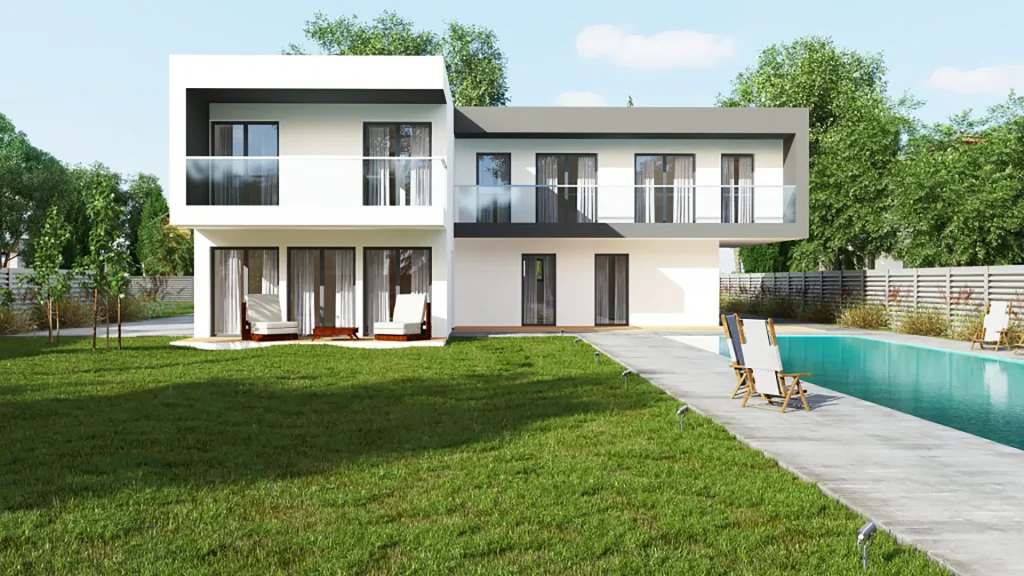 Modernes mediterranes Fertighaus mit weißer Fassade und Flachdach von Steco Centar in sonniger Umgebung