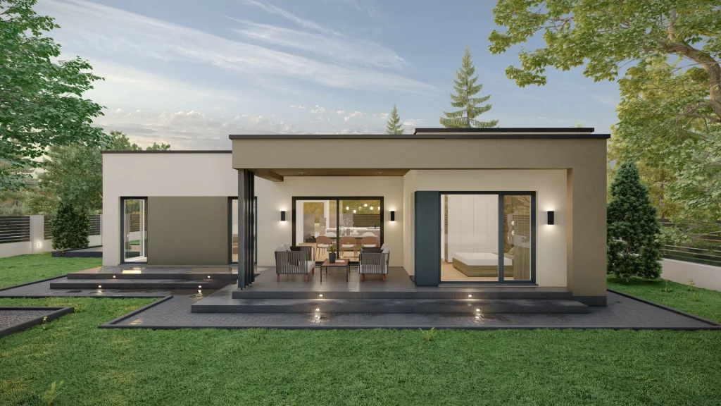 Modernes Fertighaus NIRVANA Modell A001 mit zeitgemäßer Architektur und großzügigen Fensterflächen von BAUTENT