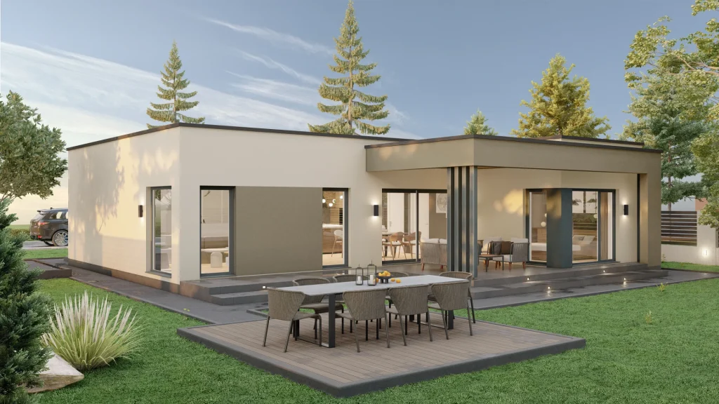 Modernes Fertighaus Nirvana A002 mit zeitgenössischer Architektur und großzügigen Fensterfronten