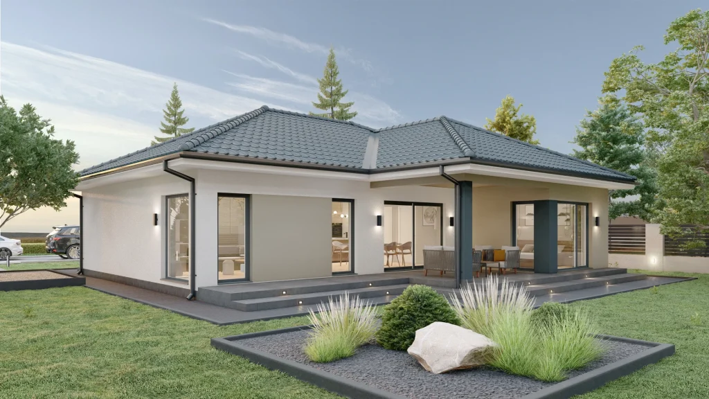 Modernes Fertighaus Nirvana B002 mit zeitgenössischer Architektur und großzügigen Fensterfronten