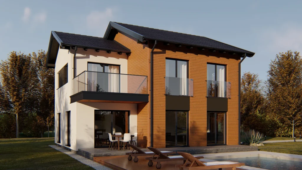 Modernes Fertighaus Neptun-4-1 mit zeitgemäßer Architektur und großzügigen Fensterfronten von BAUTENT