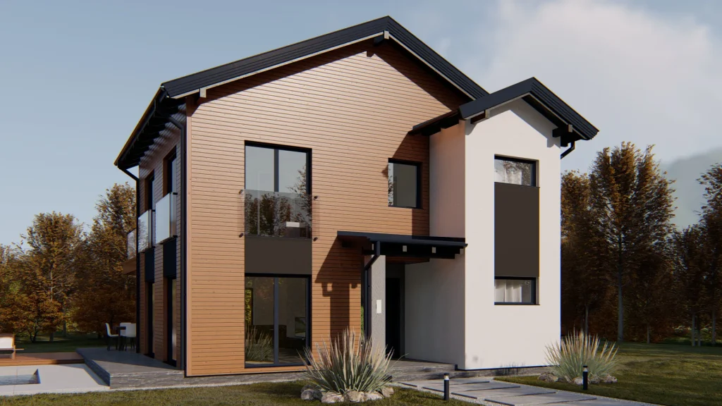 Modernes Fertighaus Neptun-5-2 mit zeitgenössischer Architektur und großzügigen Fensterfronten von BAUTENT