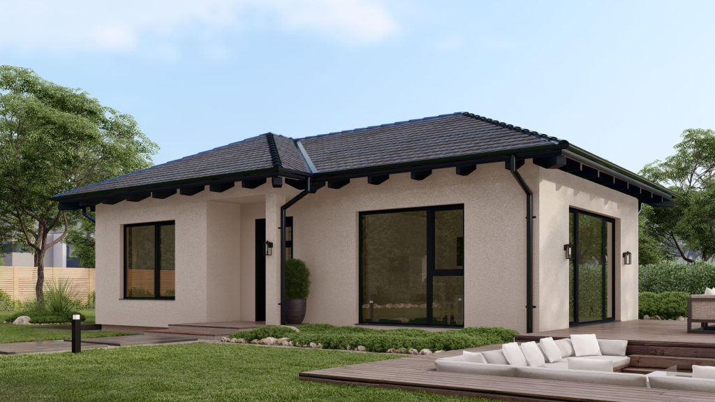 Fertighaus Modell Piccolo D001 - moderne Architektur mit großen Fenstern und zeitgemäßer Fassadengestaltung