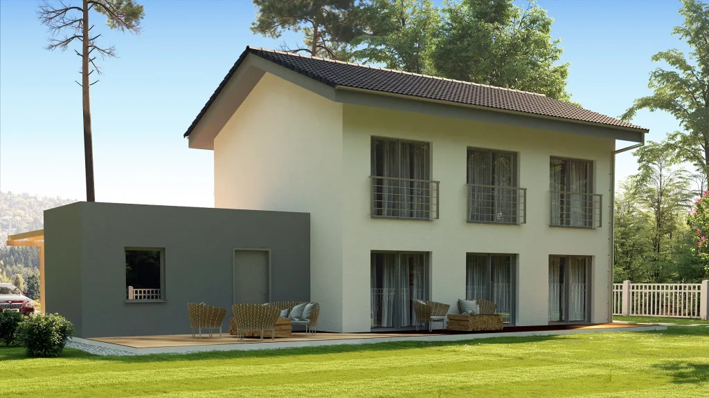 Modernes Pintar Fertighaus von Steco Centar mit eleganter Fassade und zeitgemäßer Architektur