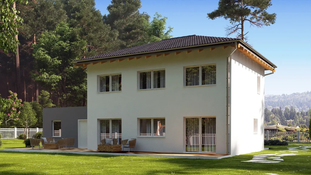 Modernes Fertighaus von Steco Centar mit weißer Fassade und großen Fenstern - Beispiel für energieeffiziente Bauweise