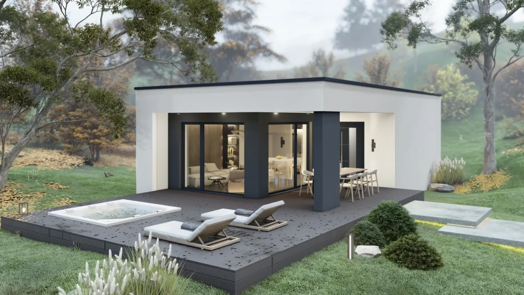 Modernes Fertighaus Rene-A002 mit zeitgenössischer Architektur und großen Fensterflächen von BAUTENT