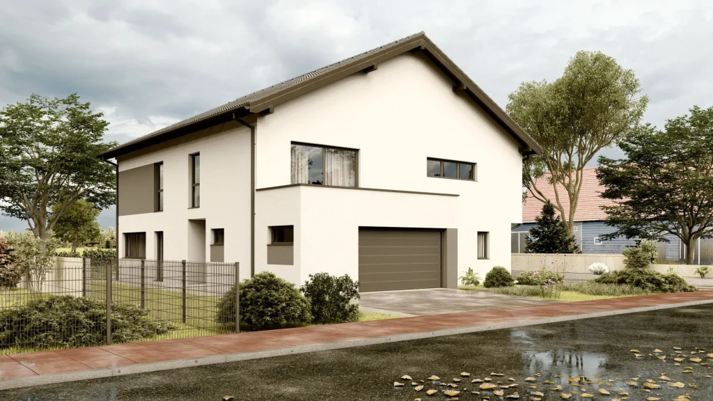 Fertighaus Sandweier D003 - moderne Hausansicht mit zeitgemäßer Architektur und hochwertiger Bauqualität