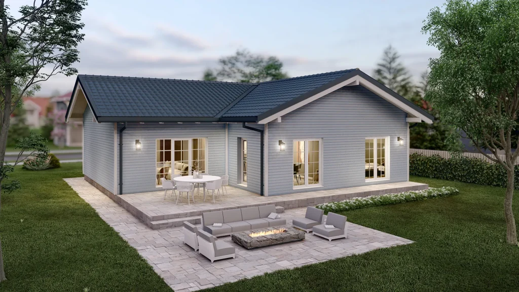 Modernes Fertighaus im skandinavischen Stil mit heller Holzfassade und großen Fenstern - BAUTENT Scandinavian Dream A001