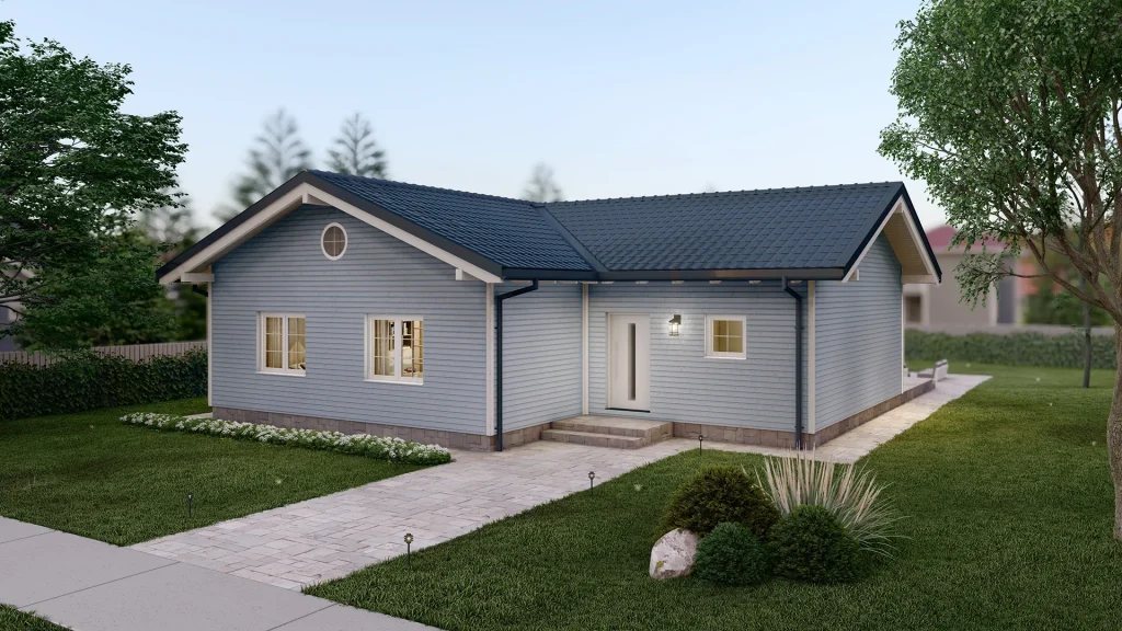 Modernes skandinavisches Fertighaus mit heller Holzfassade und großen Fenstern - BAUTENT Traumhaus Design