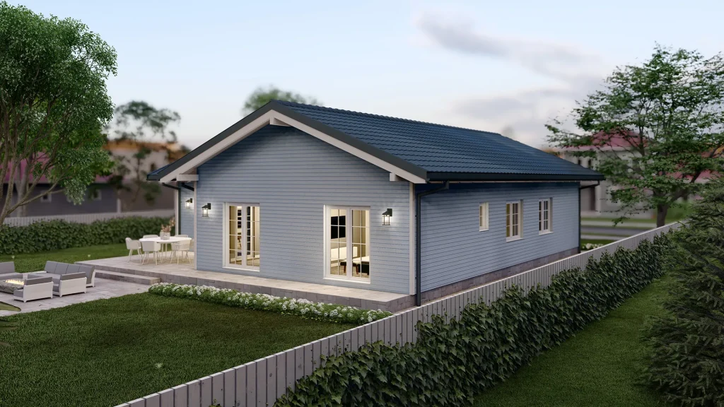 Modernes skandinavisches Fertighaus mit heller Holzfassade und großen Fenstern - BAUTENT Traumhaus Design