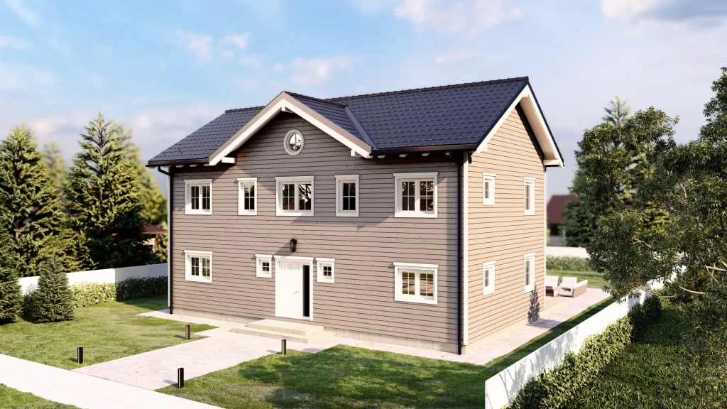 Modernes Fertighaus im skandinavischen Stil mit heller Holzfassade und großen Fenstern - BAUTENT Scandinavian Dream A002