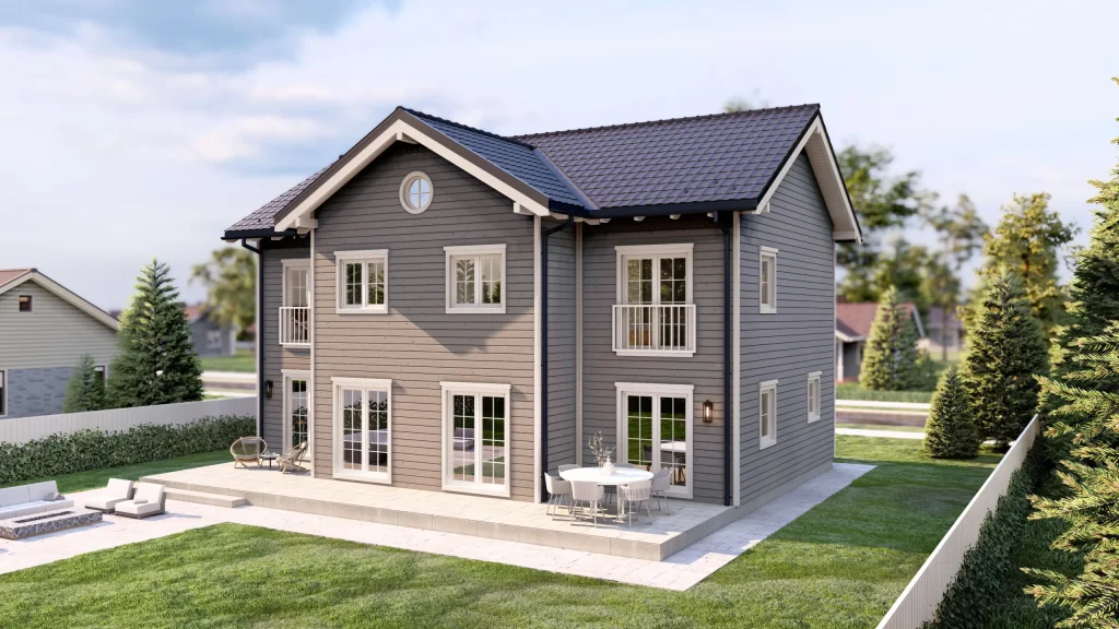 Modernes Fertighaus im skandinavischen Stil mit heller Holzfassade und großen Fenstern - Scandinavian Dream A003