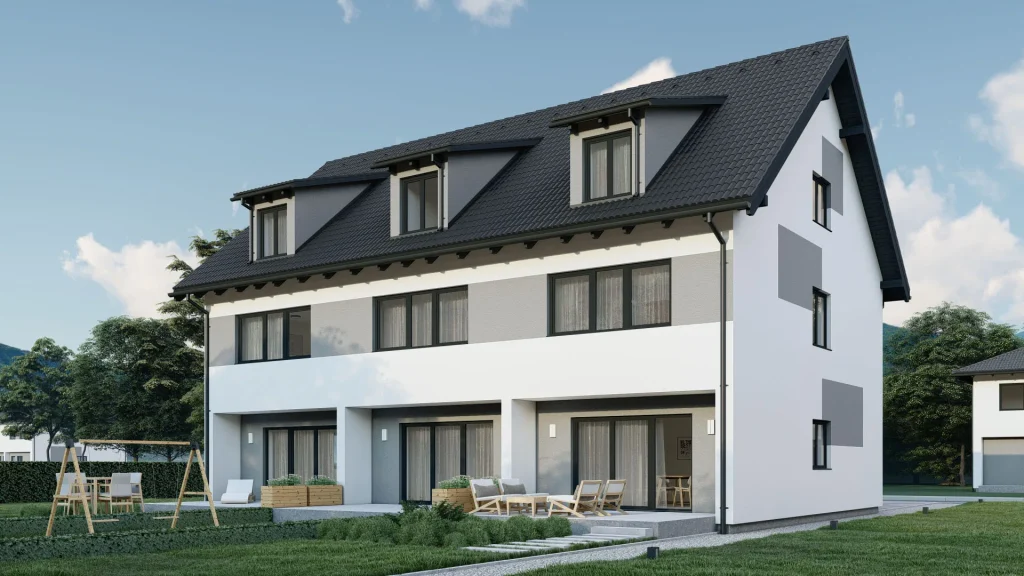 Fertighaus Schaidt Projekt B-A002 - moderne Hausfassade nach Sanierung mit hochwertiger Dämmung und Renovierung