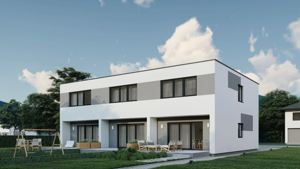 Modernes Fertighaus in Schaidt - Außenansicht mit zeitgemäßer Architektur von BAUTENT