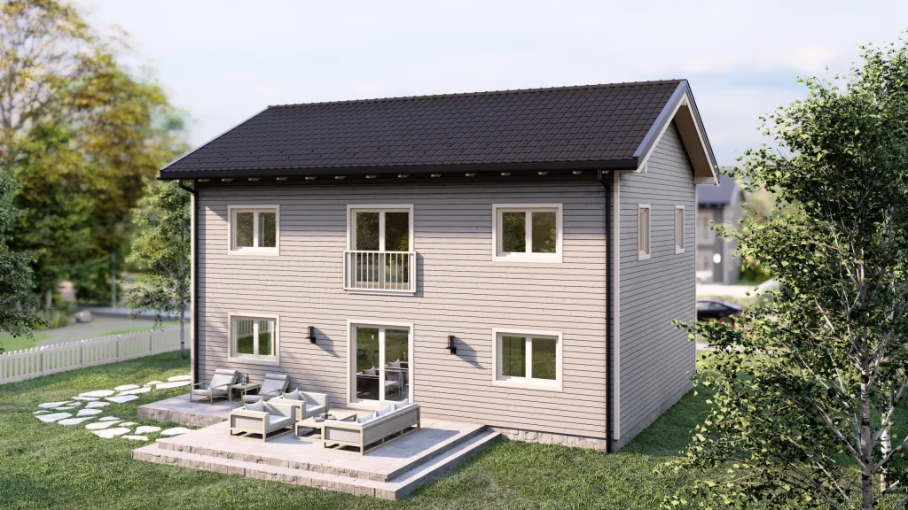 Modernes Fertighaus Svedska Modell mit zeitgenössischer Architektur und großen Fensterfronten