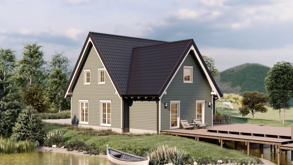 Modernes Fertighaus Svedska-4 mit zeitgenössischer Architektur und großzügigen Fensterfronten