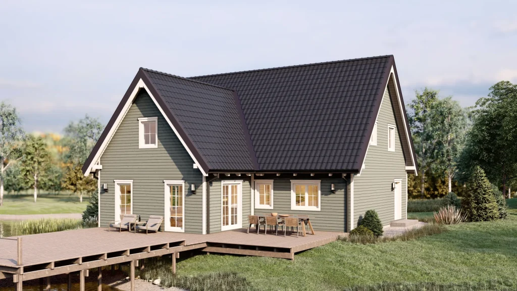 Modernes Fertighaus Svedska Modell 4 mit zeitgenössischer Architektur und großen Fensterfronten