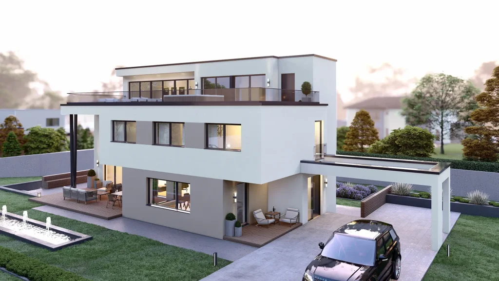 Modernes Swiss-Dream Fertighaus A002 mit zeitgenössischer Architektur und großen Fensterfronten
