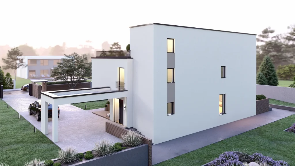 Modernes Swiss Dream A003 Fertighaus mit eleganter Architektur und großzügigen Fensterfronten in alpiner Landschaft