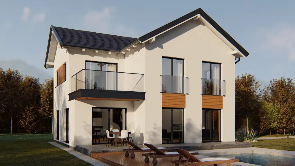 Modernes Fertighaus Venera-4 mit zeitgenössischer Architektur und hochwertiger Fassadengestaltung