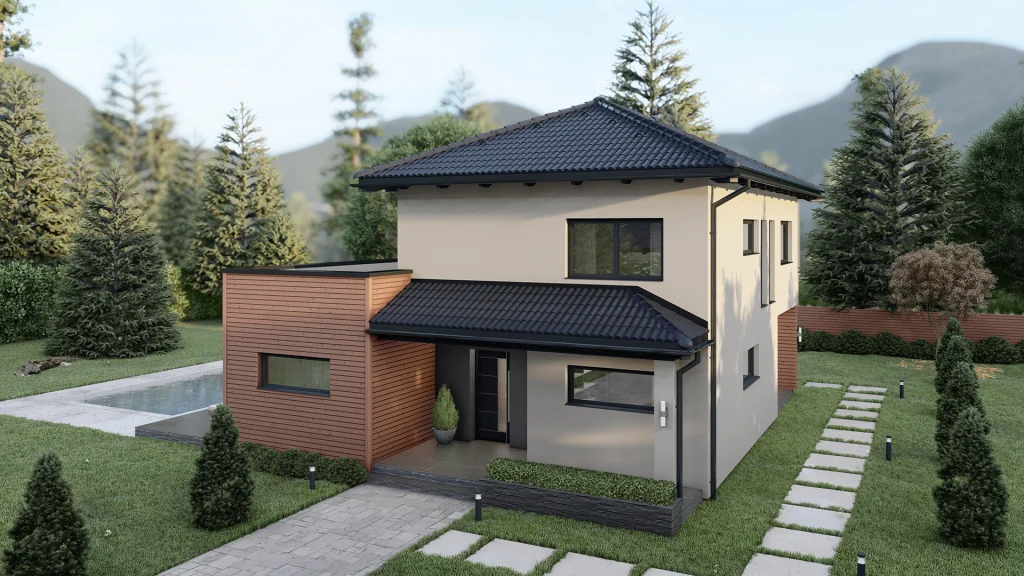 Modernes Fertighaus Zevs B001 mit zeitgemäßer Architektur und großen Fensterfronten für nachhaltiges Wohnen