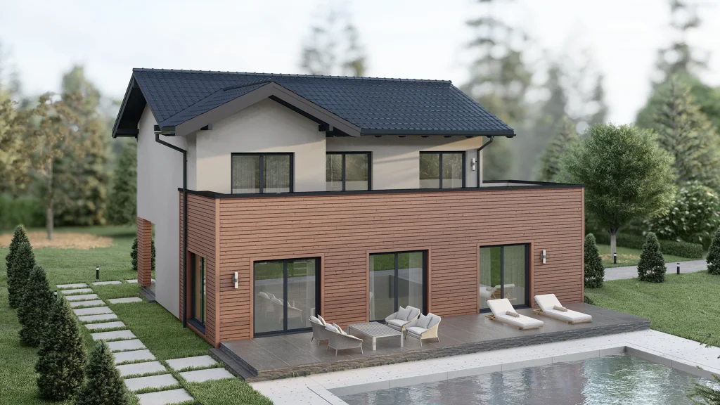 Modernes Fertighaus Zevs C002 Modell mit zeitgenössischer Architektur und energieeffizienter Bauweise