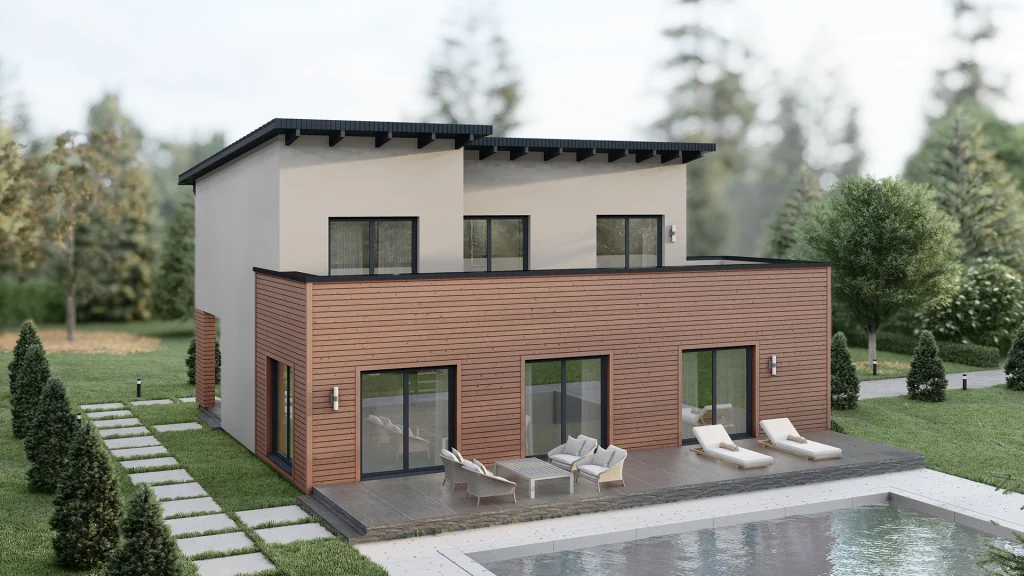 Modernes Fertighaus Zevs D002 mit zeitgenössischer Architektur und großen Fensterfronten von BAUTENT