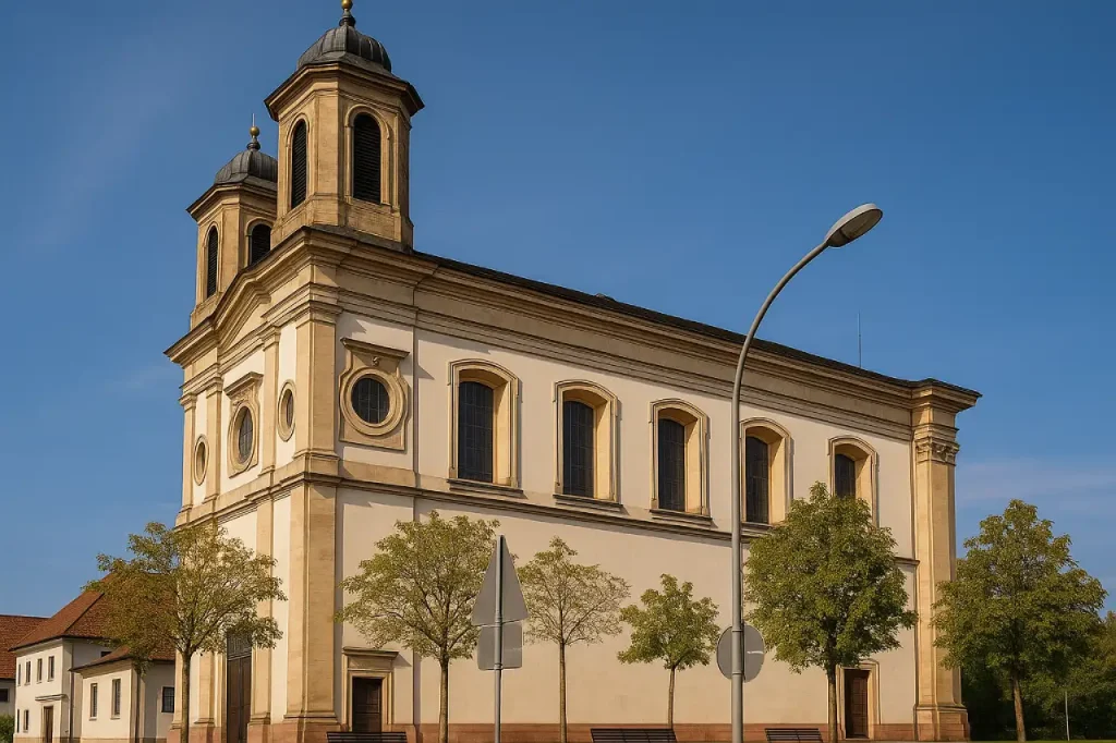 Historische Kirche in Ludwigshafen mit barocker Architektur und zwei Türmen, als Kontrast zur modernen Entwicklung im Bereich Fertighaus Ludwigshafen