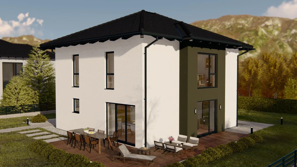 Modernes Fertighaus mit heller Fassade und großen Fenstern - Beispiel für energieeffiziente Bauweise und Sanierung