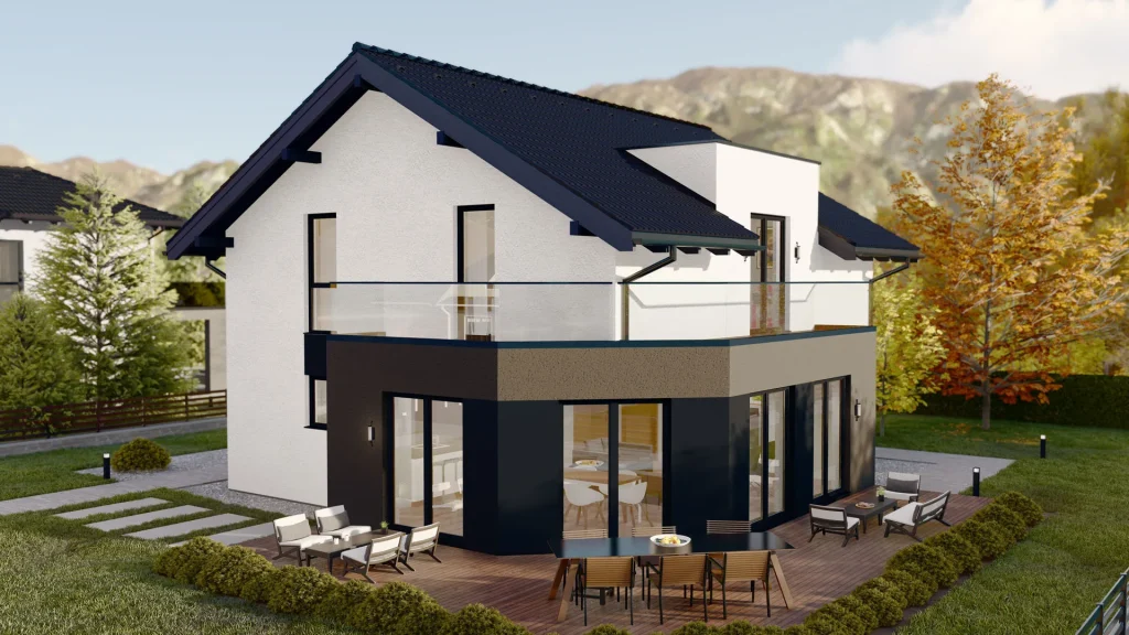 Modernes Fertighaus A001 mit großen Fensterfronten und zeitgemäßer Architektur von BAUTENT