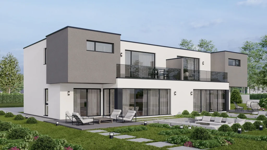 Modernes Fertighaus mit heller Fassade und großen Fenstern - Beispiel für zeitgemäße Bauweise von BAUTENT