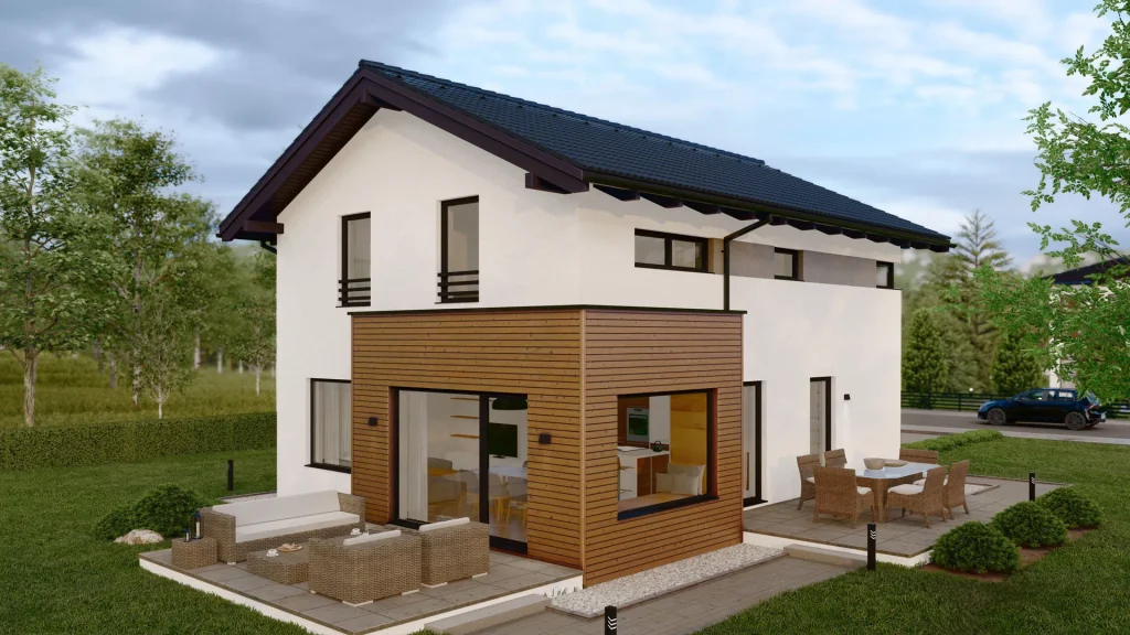 Modernes Fertighaus mit zeitgemäßer Architektur und großen Fensterfronten von BAUTENT