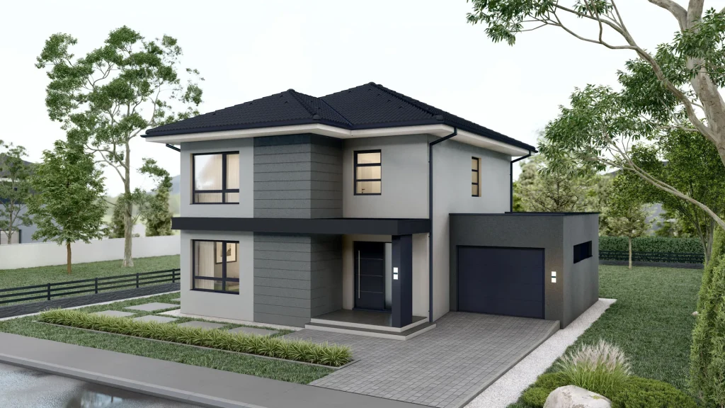 Modernes Fertighaus A001-28 mit zeitgemäßer Architektur und hochwertiger Fassadengestaltung von BAUTENT