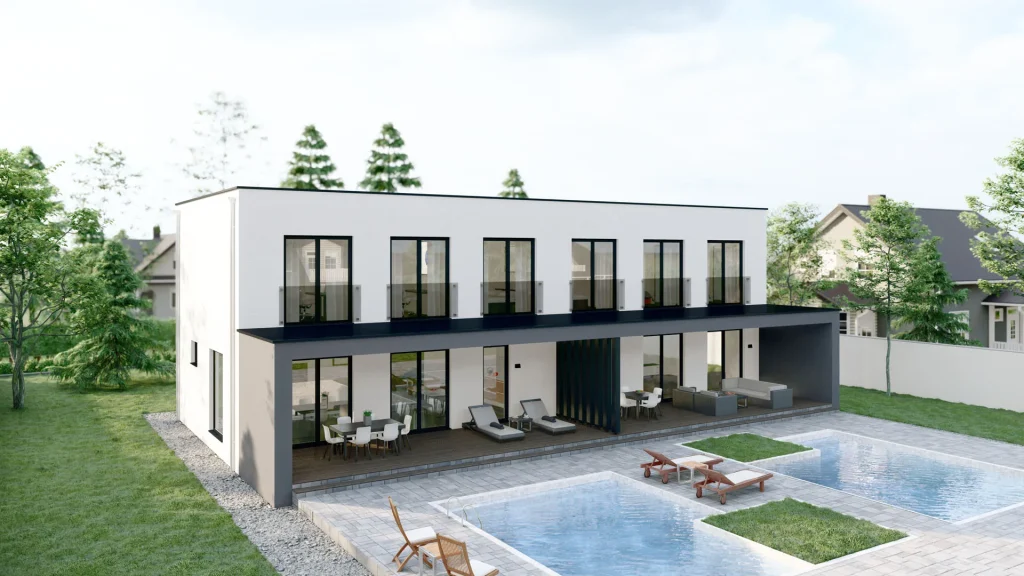 Modernes Fertighaus A001-30 mit zeitgemäßer Architektur und hochwertiger Fassadengestaltung von BAUTENT