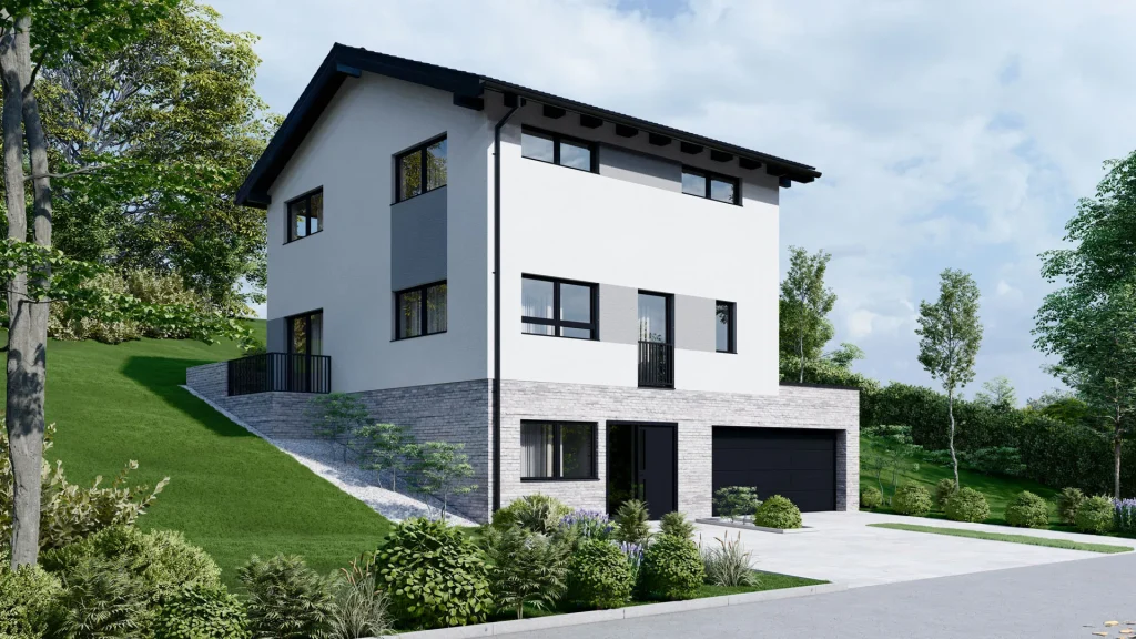 Modernes Fertighaus A001 mit großen Fensterfronten und zeitgemäßer Architektur von BAUTENT