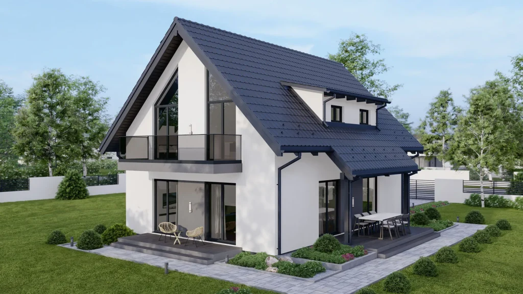 Modernes Fertighaus A001 Außenansicht mit großen Fenstern und zeitgemäßer Architektur von BAUTENT