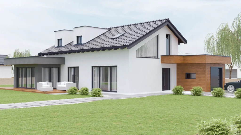 Modernes Fertighaus mit großen Fenstern und zeitgemäßer Architektur von BAUTENT - Neubau und Sanierung