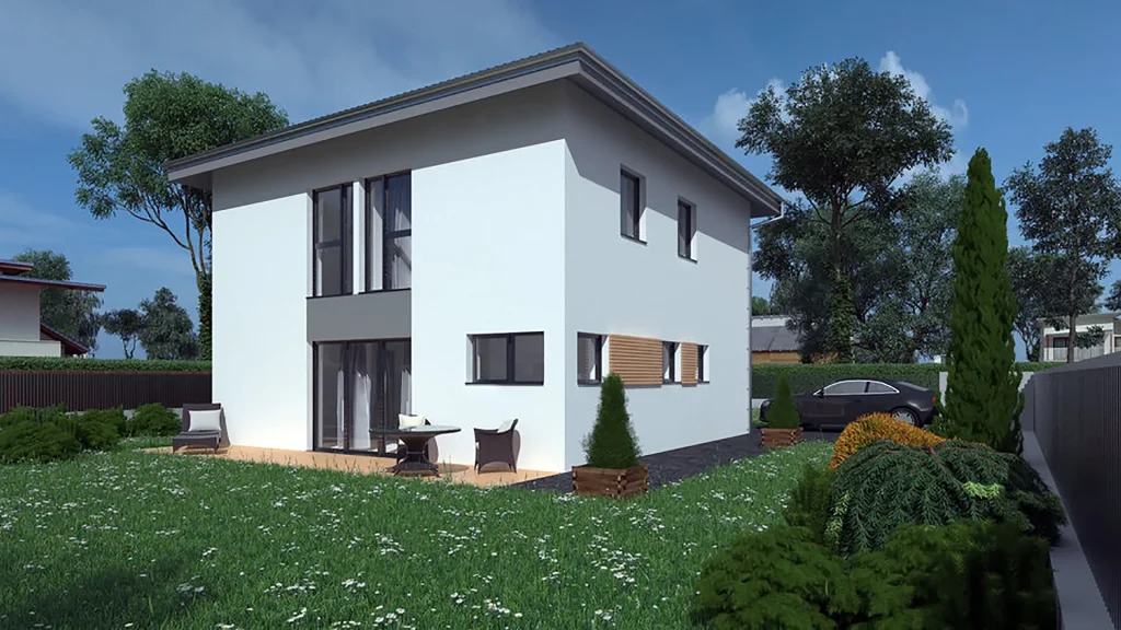 Modernes Arrow Fertighaus in Holzbauweise vom Steco Centar - energieeffiziente Fertighauslösung