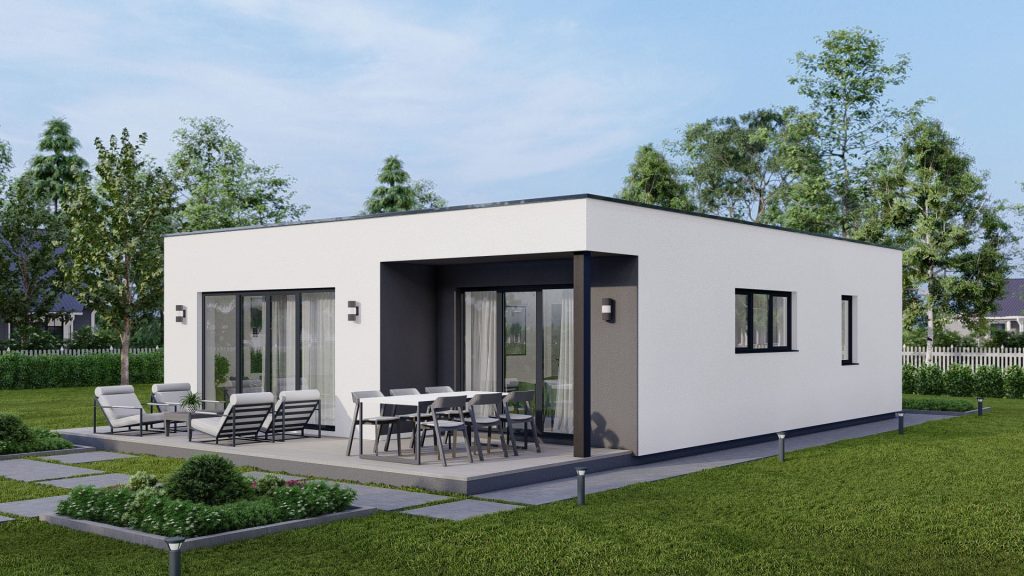 Moderner Bungalow Typ 6 A001 Fertighaus mit großen Fensterfronten und zeitgemäßer Architektur von BAUTENT