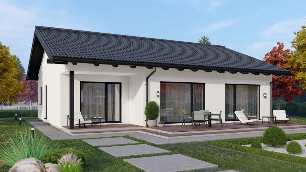 Moderner Bungalow Typ 4 Fertighaus mit ebenerdiger Bauweise und zeitgemäßer Architektur von BAUTENT