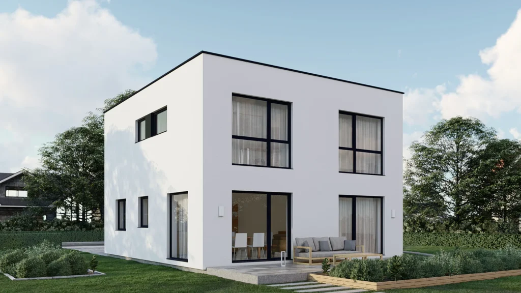 Modernes Fertighaus Comfort-A001 mit großzügiger Fensterfront und zeitgemäßer Architektur von BAUTENT