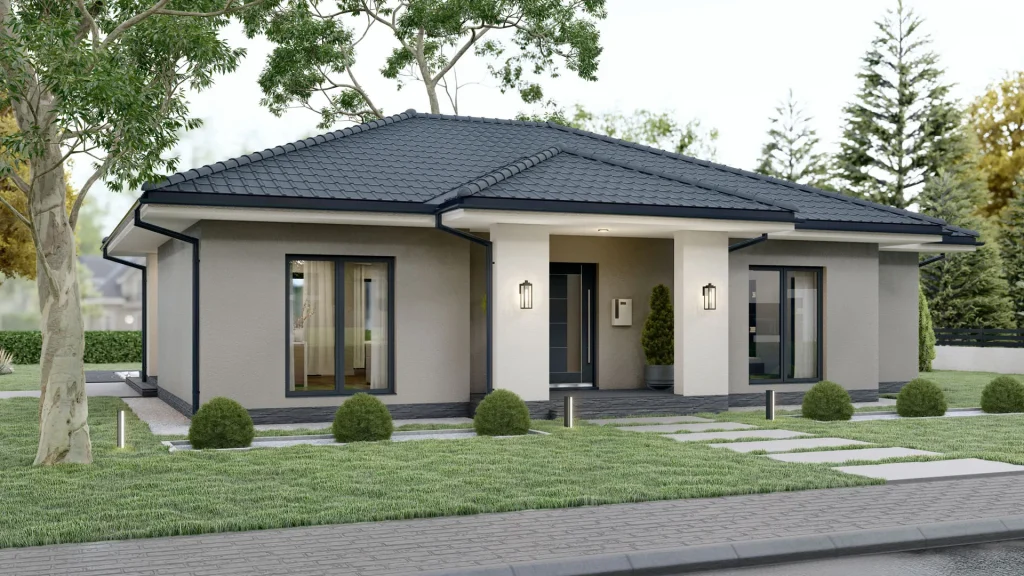 Modernes Fertighaus Cone-A001 Außenansicht mit zeitgenössischer Architektur und nachhaltiger Bauweise