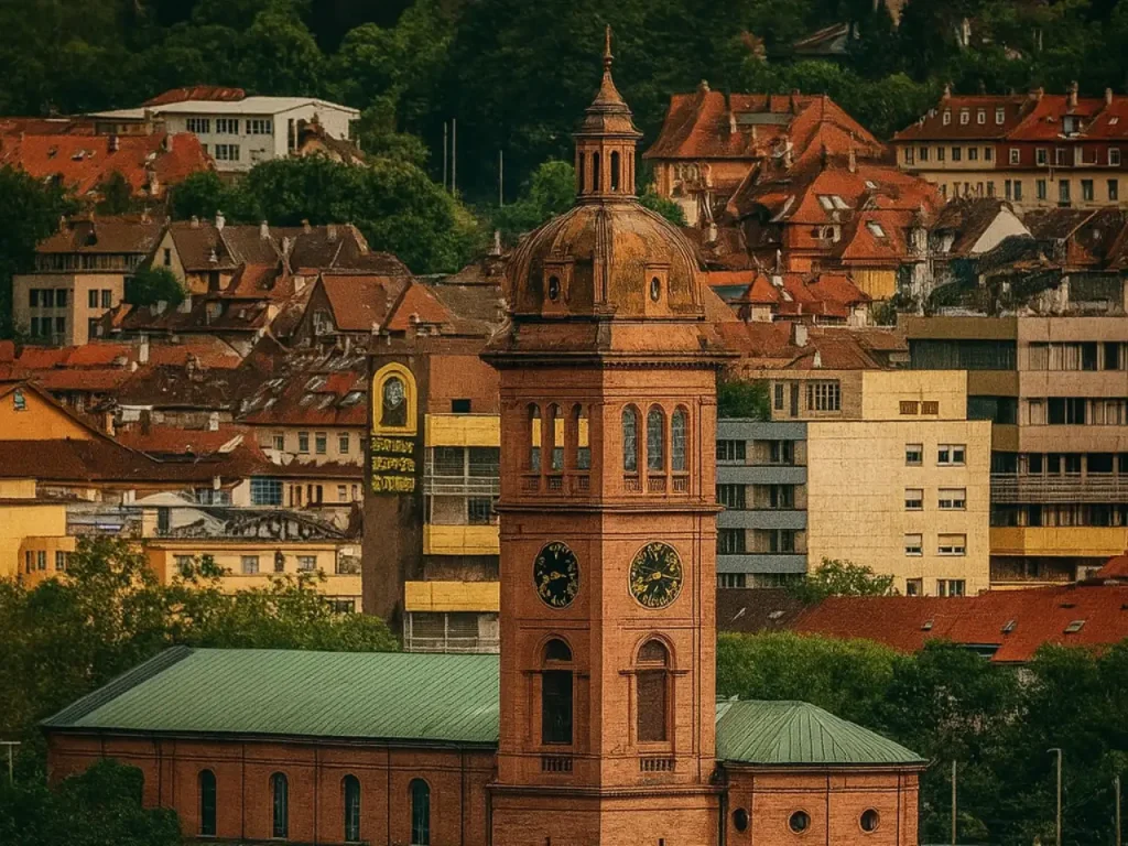 Historisches Stadtbild von Pforzheim mit Kirchturm – der Standort für moderne Projekte wie ein Fertighaus Pforzheim vereint Tradition und zeitgemäßes Wohnen.