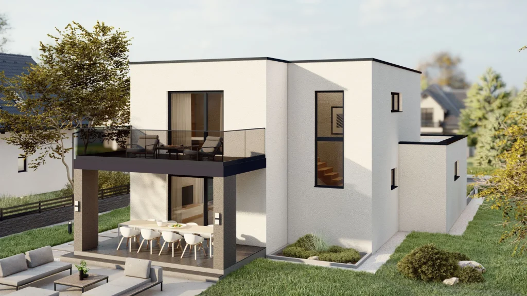 Kubisches Fertighaus in Mannheim mit zwei Etagen, Balkon und überdachter Terrasse in einer Neubausiedlung.