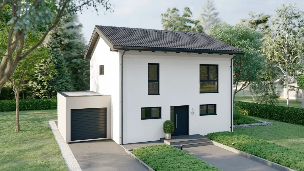 Kompaktes Fertighaus mit Satteldach, Garage und klarer Fassadengestaltung – modernes Einfamilienhaus in Offenburg.