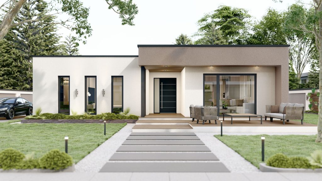 Barrierefreier Bungalow mit Flachdach und offener Terrasse – stilvolles Fertighaus in Offenburg mit klaren Linien und großer Fensterfront.